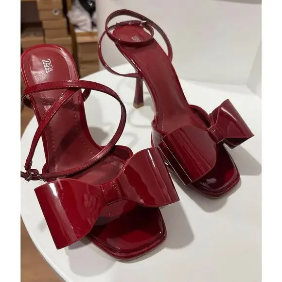 ZARA Red Embellished Heels NWT | Maxi Bow Strap Patent Finish - Picture 9 of 16